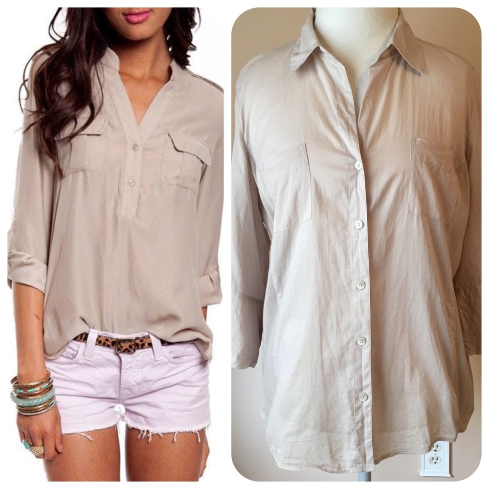 Ann Taylor Cream/Tan Button Down Shirt
